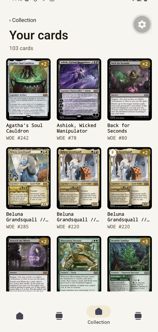 Manahaul collection grid showing a player's Magic cards with quantities and foil markers