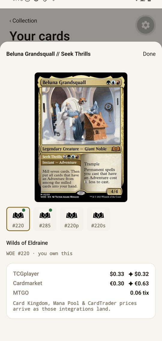 Manahaul card detail: a large card image with a set-symbol version selector and prices from TCGplayer, Cardmarket, and MTGO